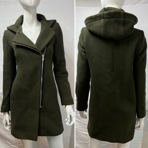 Sandro Paris Women’s 36 Moss Green Wool Hooded Asymmetric Zip Pea Coat Jacket S